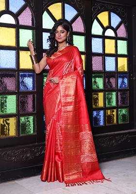 Red Printed Silk Saree Set