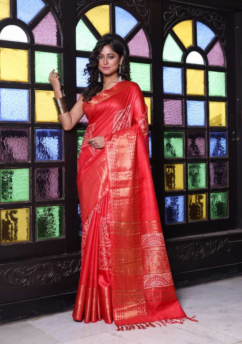 Red Silk Blend Saree Set with Printed for Diwali | Wedding & Festive Wear - Indya