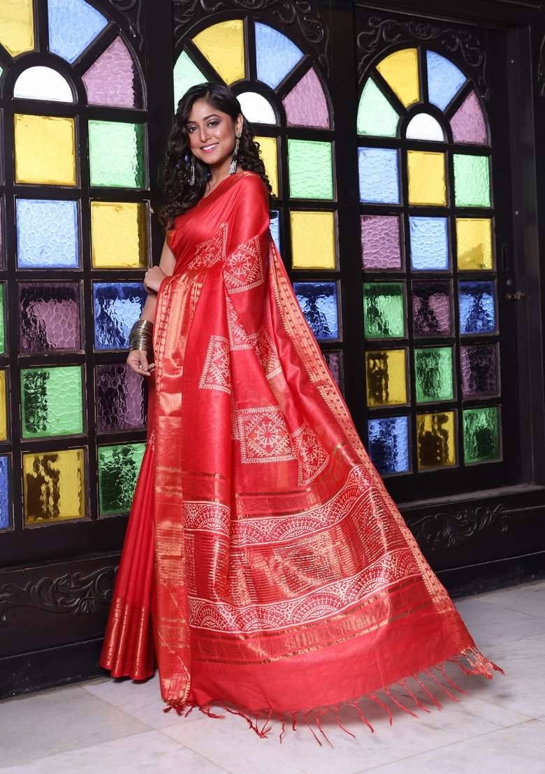 Red Silk Blend Saree Set with Printed for Diwali | Wedding & Festive Wear - Indya
