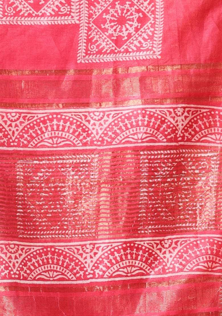Red Silk Blend Saree Set with Printed for Diwali | Wedding & Festive Wear - Indya