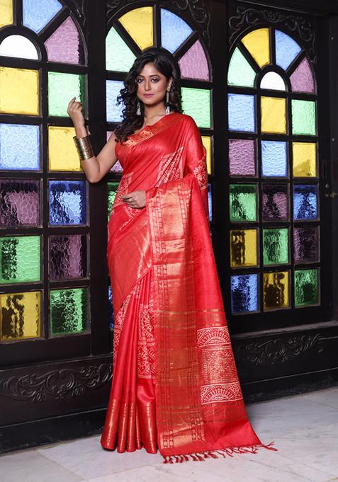 Red Printed Silk Saree Set