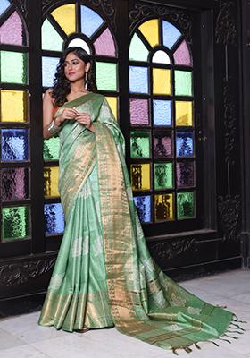 Sap Green Printed Silk Saree Set