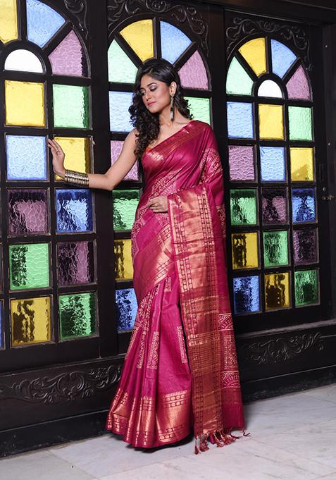 Purple Printed Silk Saree Set