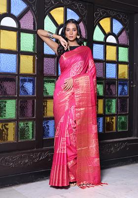 Pink Printed Silk Saree Set
