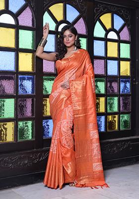 Orange Printed Silk Saree Set