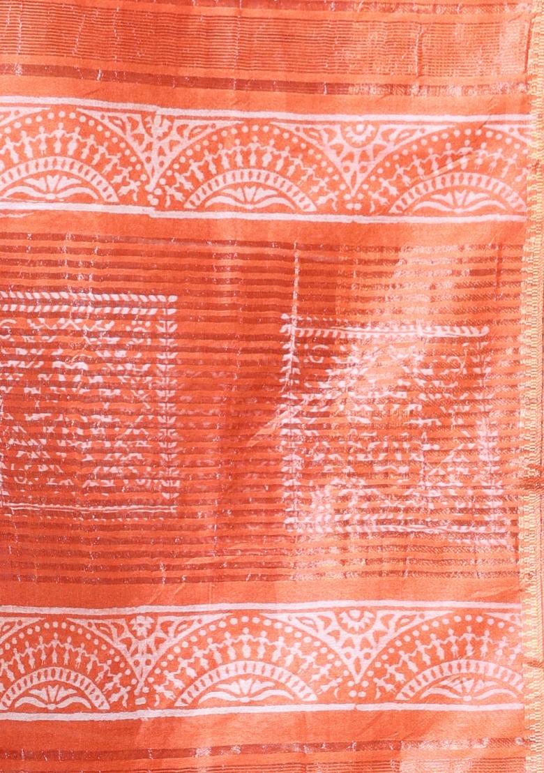 Orange Printed Silk Saree Set - Indya