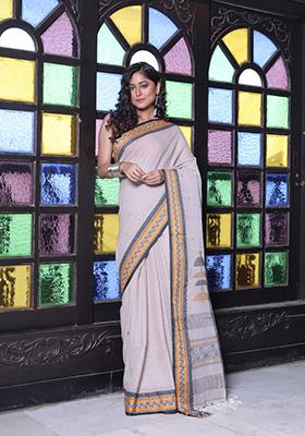 Ecru Embroidered Cotton Saree Set