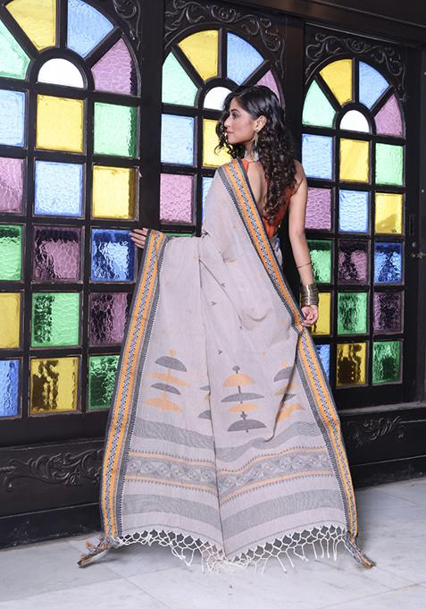 Ecru Embroidered Cotton Saree Set