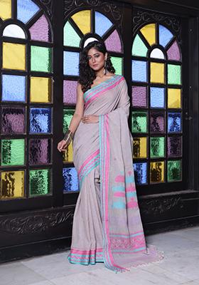 Ecru Embroidered Cotton Saree Set