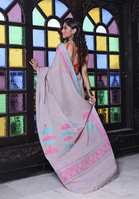 Ecru Embroidered Cotton Saree Set