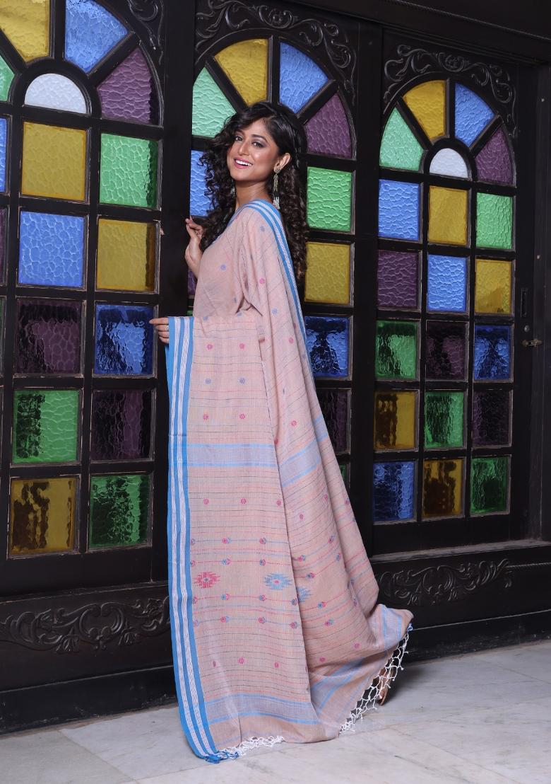 Beige Floral Print Cotton Saree Set - Indya