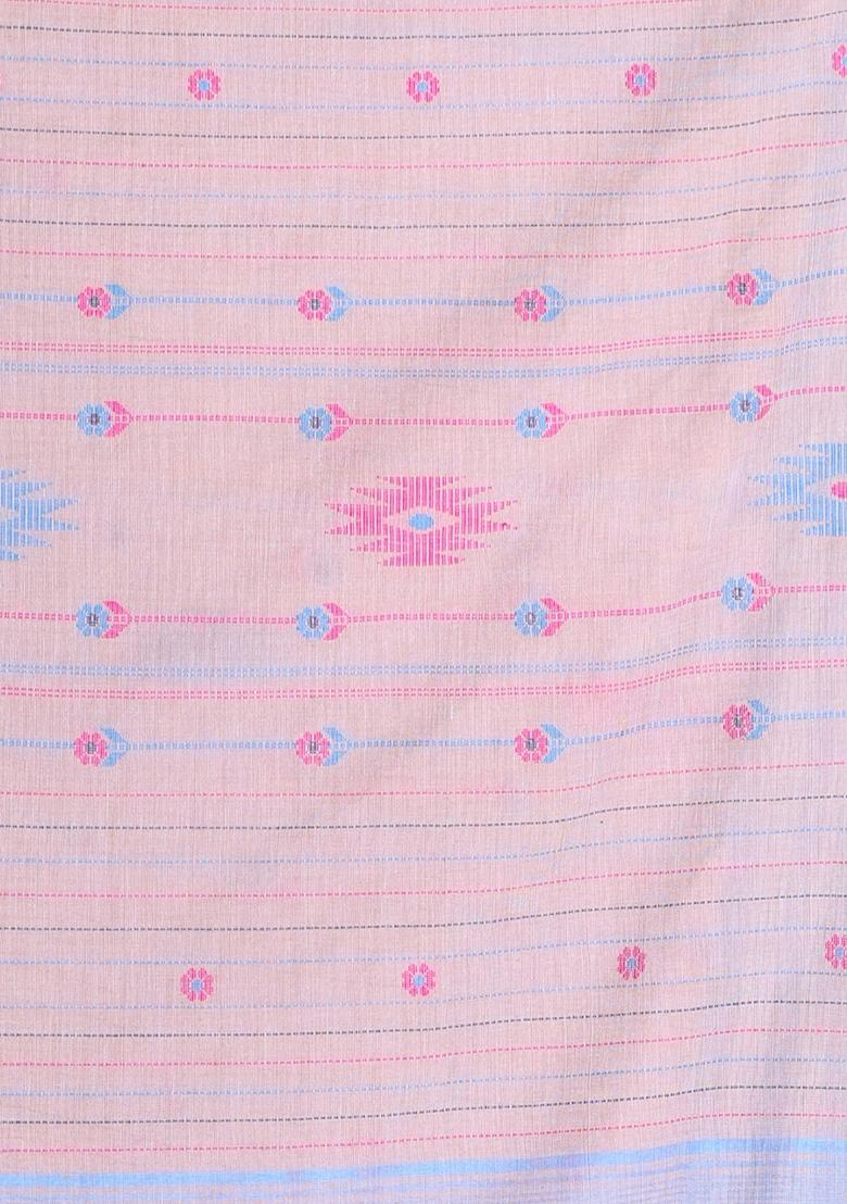 Beige Floral Print Cotton Saree Set - Indya