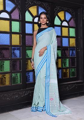 Pistachio Green Floral Print Cotton Saree Set