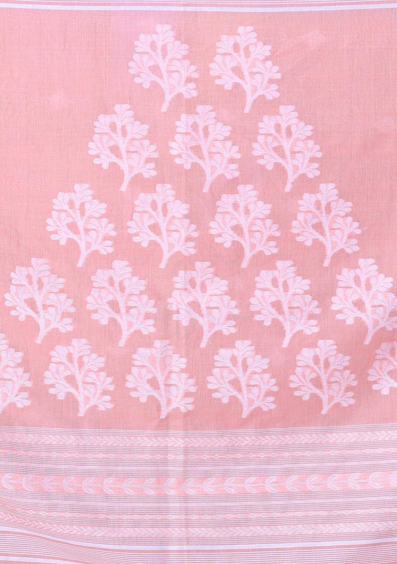 Peach Embroidered Cotton Saree Set - Indya