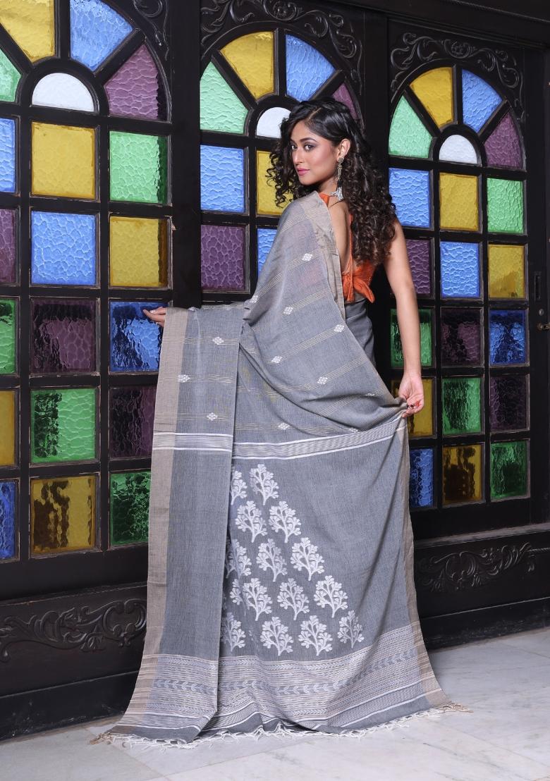 Grey Embroidered Cotton Saree Set
