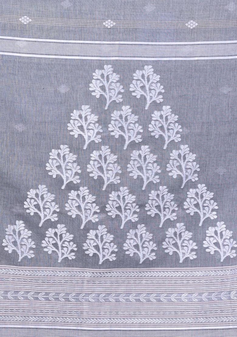 Grey Embroidered Cotton Saree Set - Indya