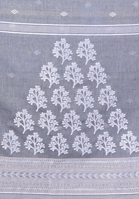 Grey Embroidered Cotton Saree Set