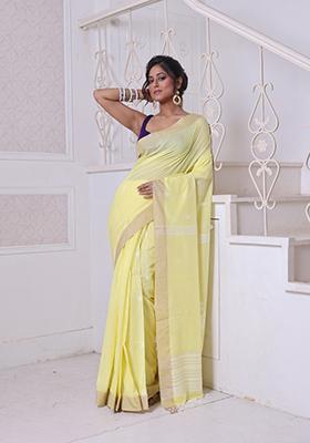 Yellow Embroidered Cotton Saree Set