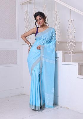 Sky Blue Embroidered Cotton Saree Set