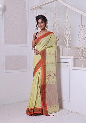 Lemon Yellow Floral Print Cotton Saree Set