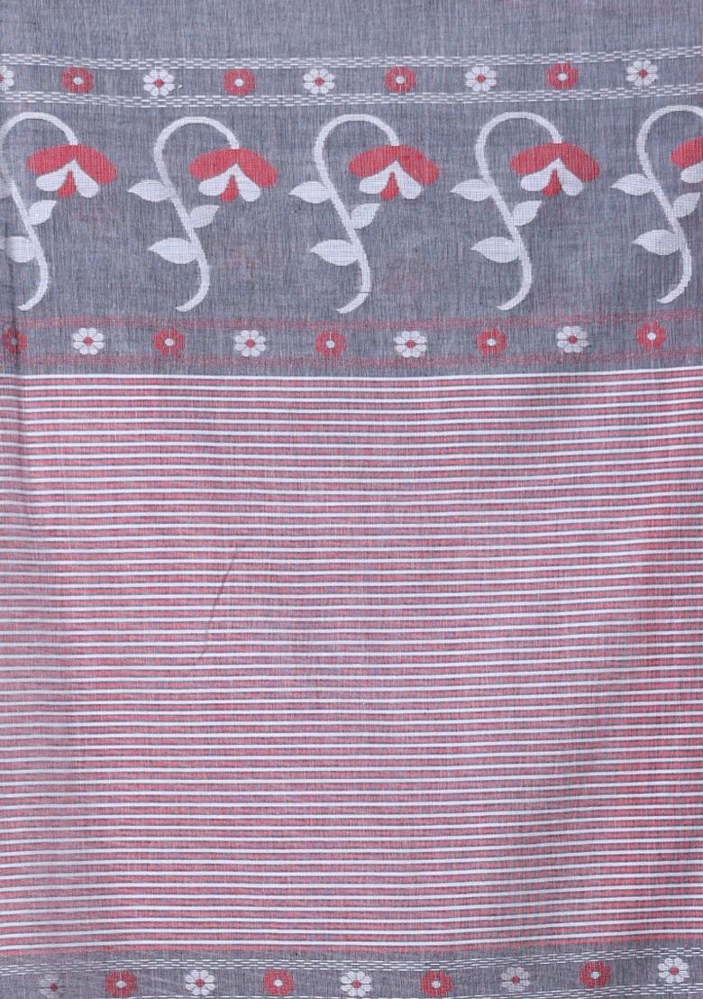 Grey Floral Print Cotton Saree Set - Indya