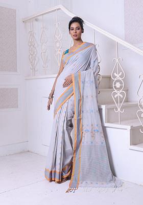 Ecru Floral Print Cotton Saree Set