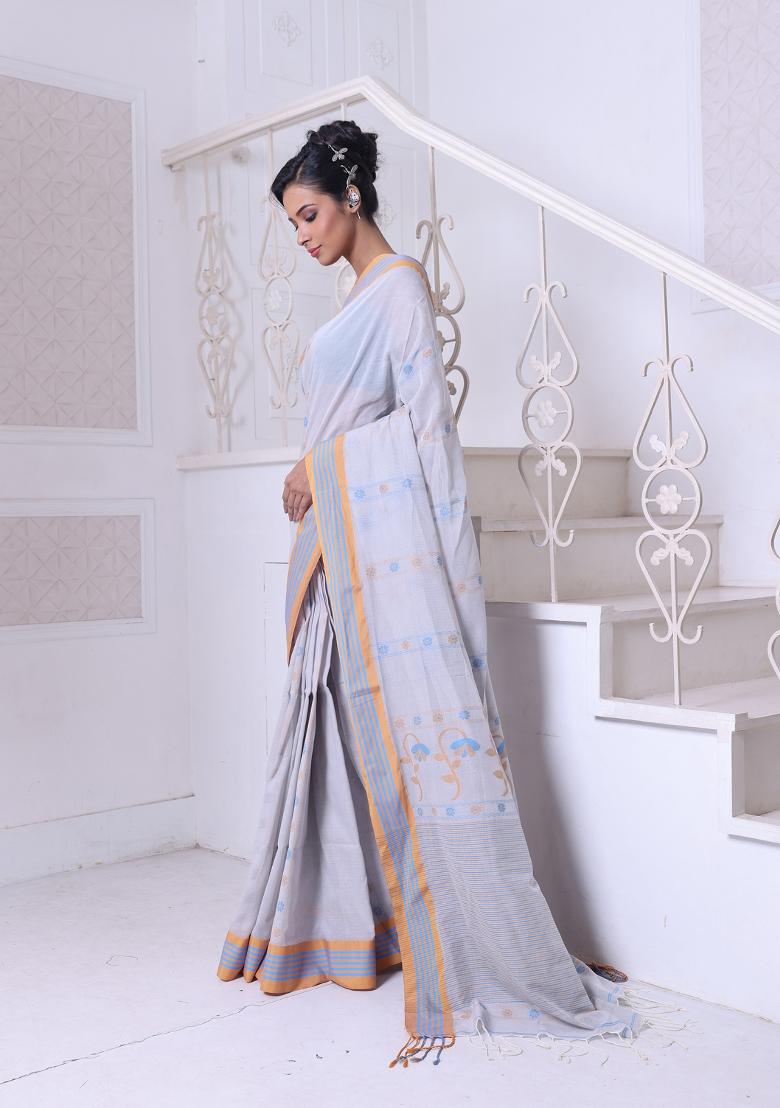 Ecru Floral Print Cotton Saree Set - Indya