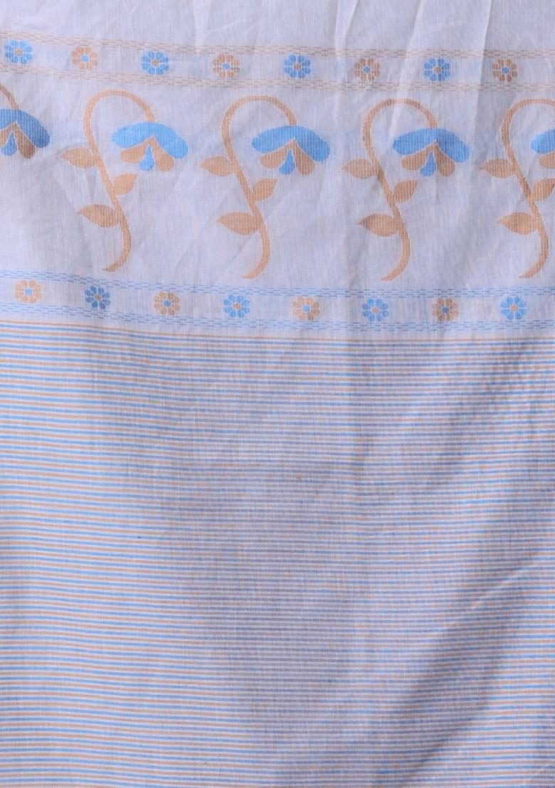 Ecru Floral Print Cotton Saree Set - Indya