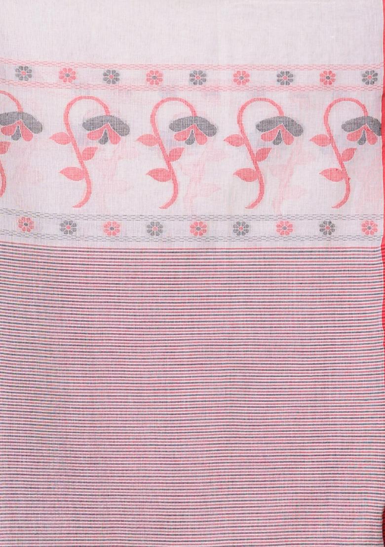 Off White Floral Print Cotton Saree Set - Indya