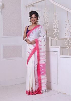 Off White Embroidered Cotton Saree Set