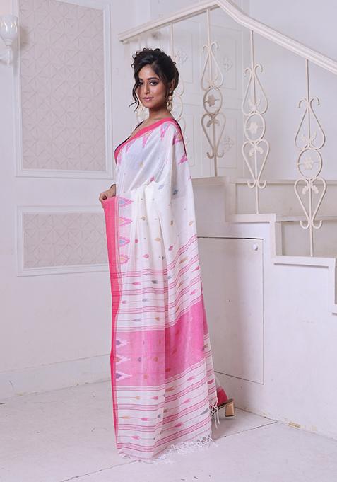 Off White Embroidered Cotton Saree Set