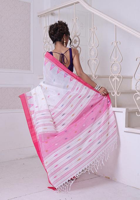 Off White Embroidered Cotton Saree Set