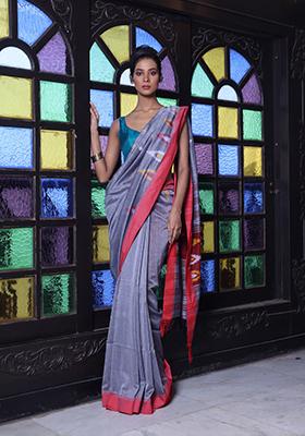 Grey Embroidered Cotton Saree Set