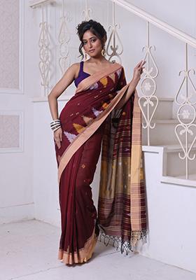 Brown Embroidered Cotton Saree Set