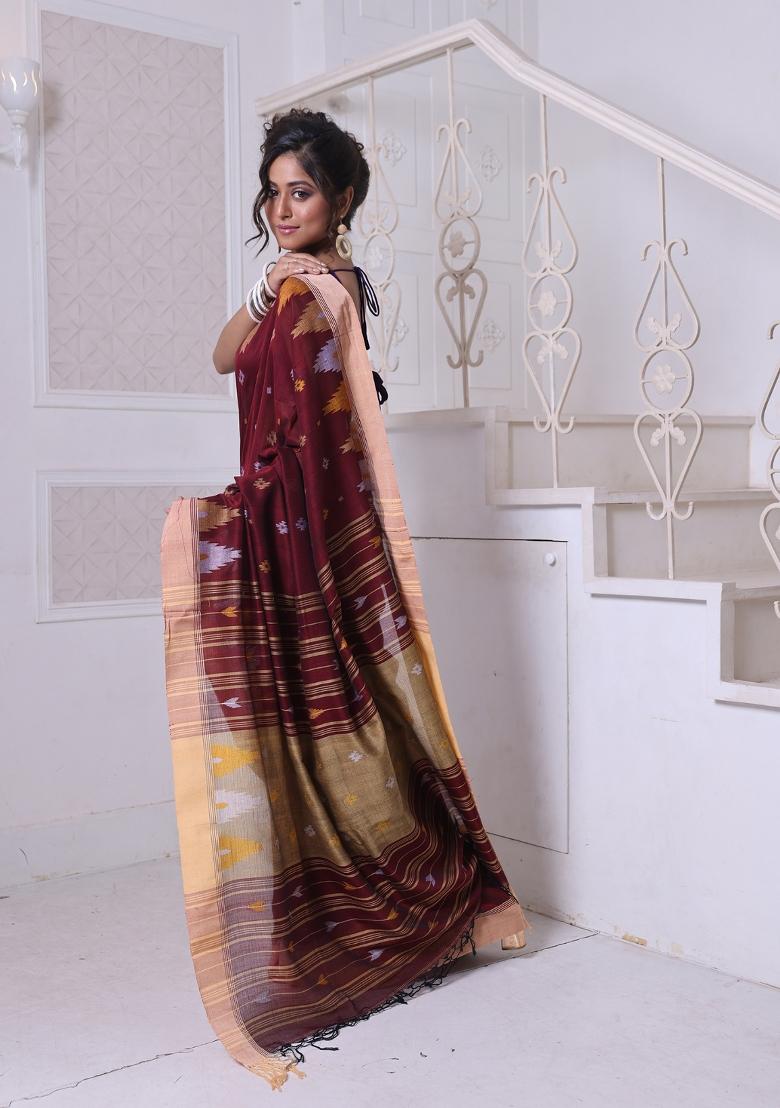 Brown Embroidered Cotton Saree Set - Indya