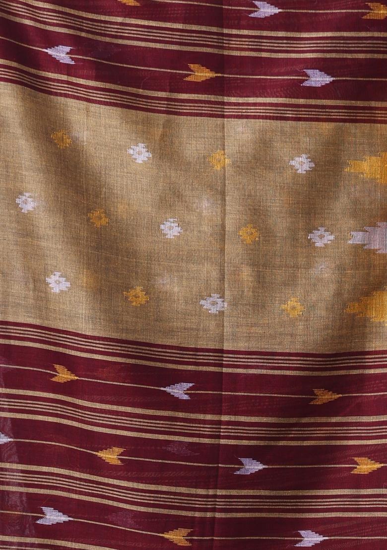Brown Embroidered Cotton Saree Set - Indya