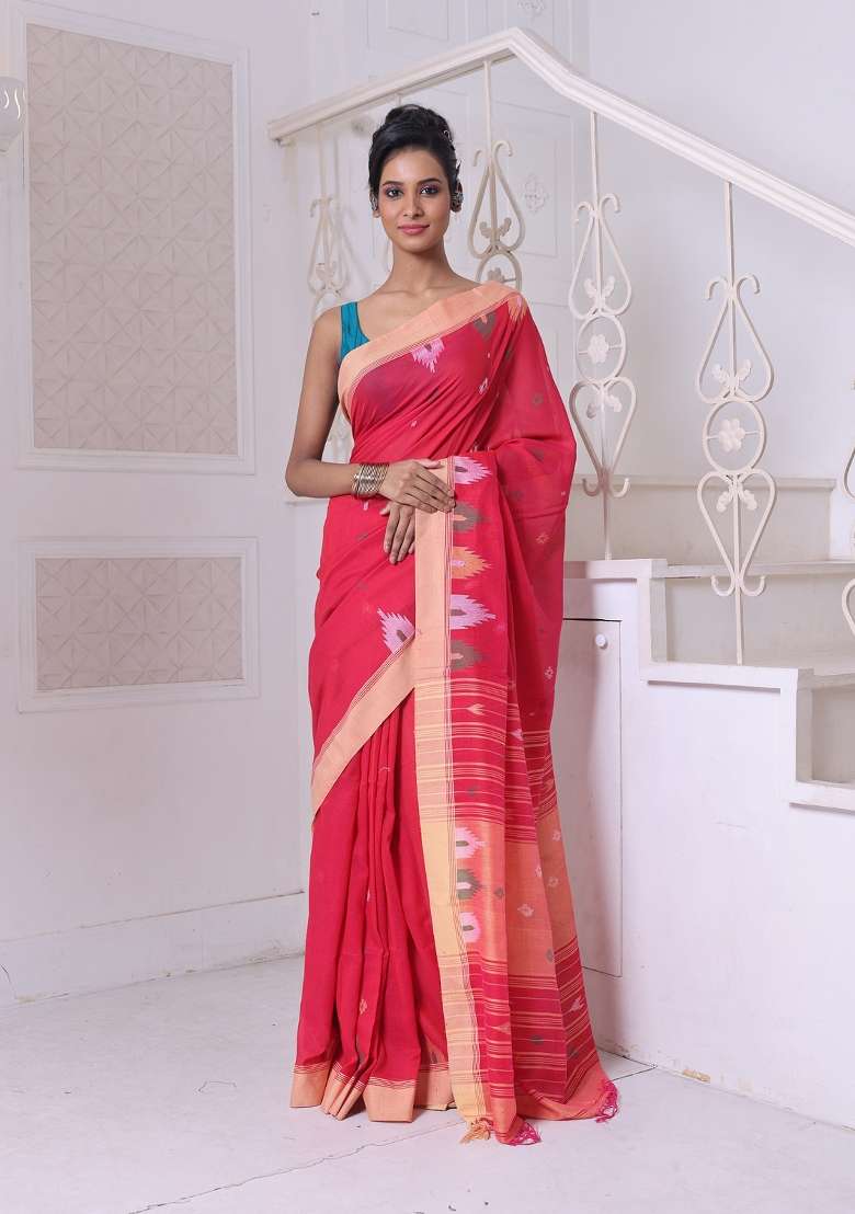 Red Cotton Saree Set with Embroidered for Diwali | Wedding & Festive Wear - Indya