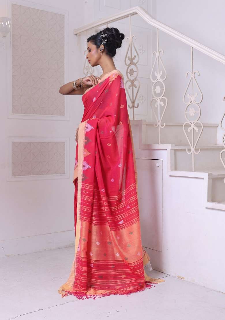 Red Cotton Saree Set with Embroidered for Diwali | Wedding & Festive Wear - Indya