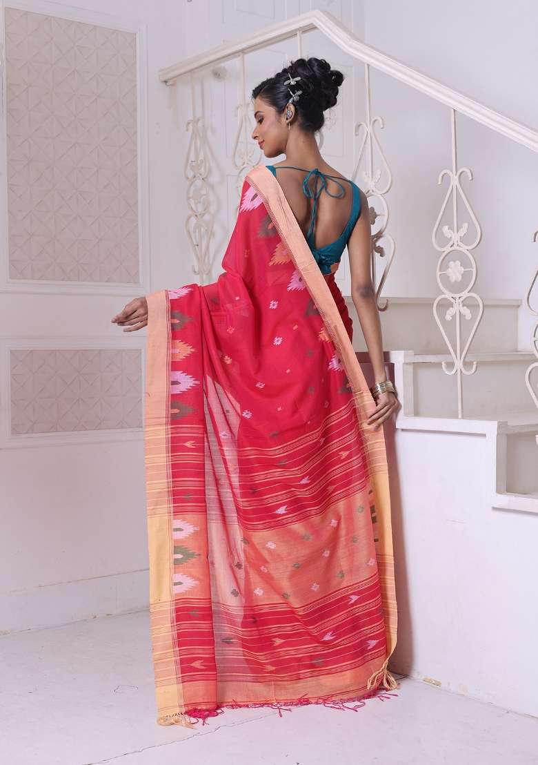 Red Cotton Saree Set with Embroidered for Diwali | Wedding & Festive Wear - Indya