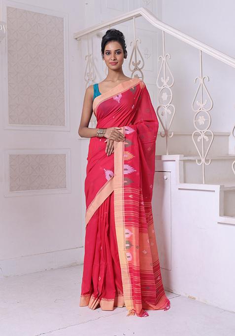 Red Embroidered Cotton Saree Set