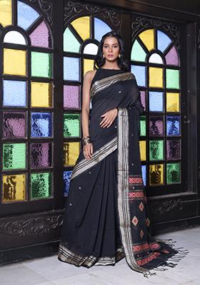 Black Embroidered Cotton Saree Set