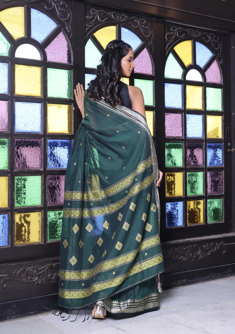 Bottle Green Embroidered Cotton Saree Set - Indya