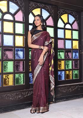 Dark Chocolate Brown Embroidered Cotton Saree Set