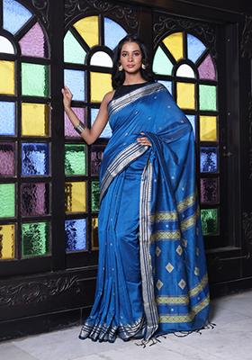 Sapphire Blue Embroidered Cotton Saree Set