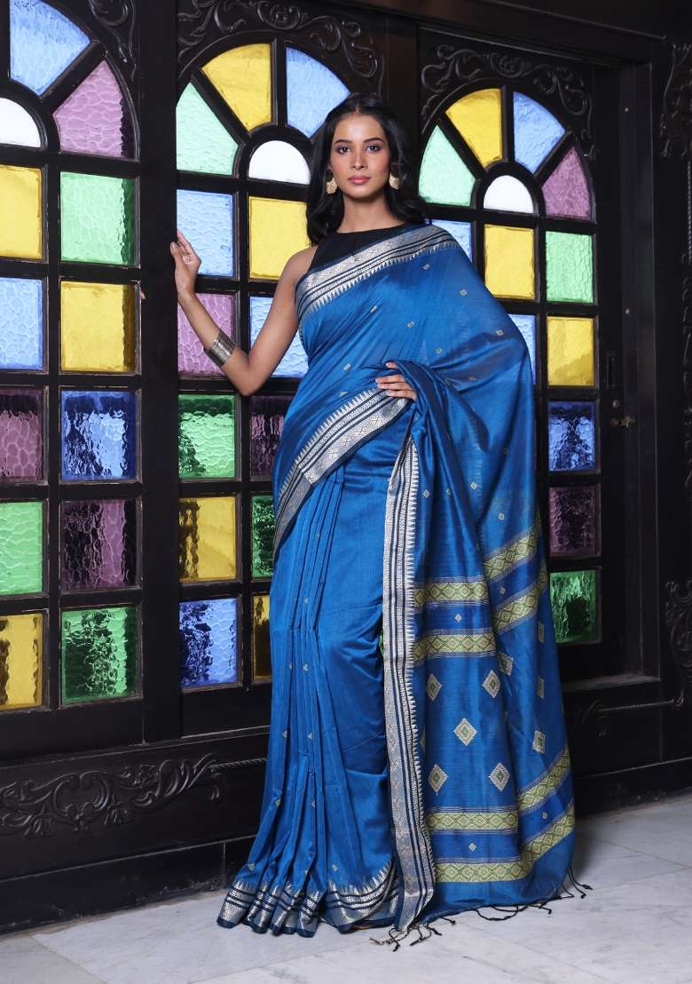 Sapphire Blue Embroidered Cotton Saree Set - Indya