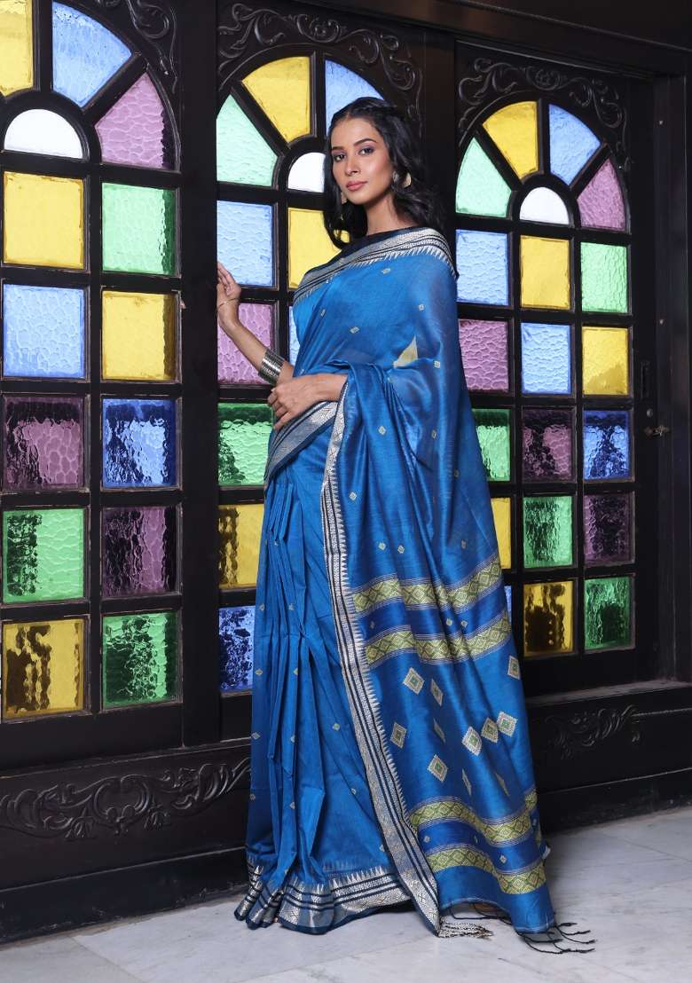 Sapphire Blue Embroidered Cotton Saree Set - Indya