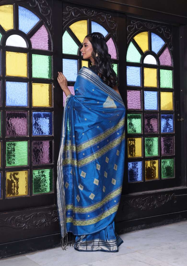 Sapphire Blue Embroidered Cotton Saree Set - Indya