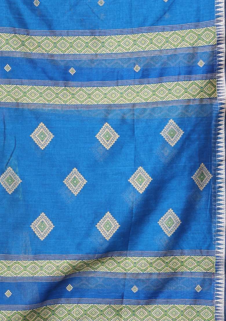 Sapphire Blue Embroidered Cotton Saree Set - Indya