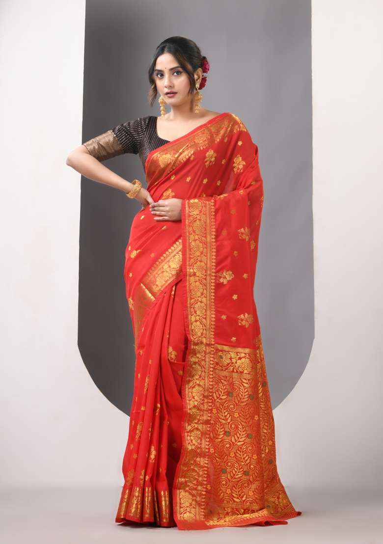 Red Zari Work Silk Blend Saree Set - Indya