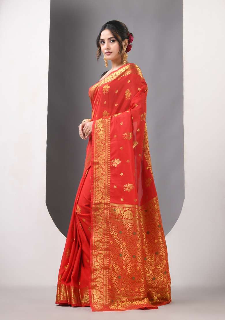 Red Zari Work Silk Blend Saree Set - Indya